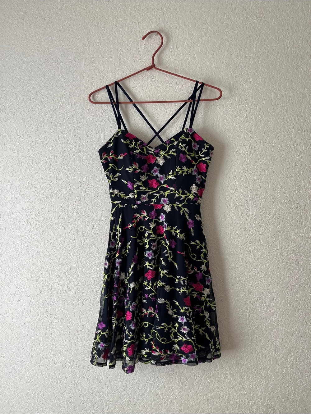 NWT Floral Embroidered Navy Mini Dress with Crisscross Straps